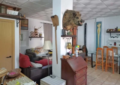 Interior de casa rural con cocina americana en finca ecológica en venta.